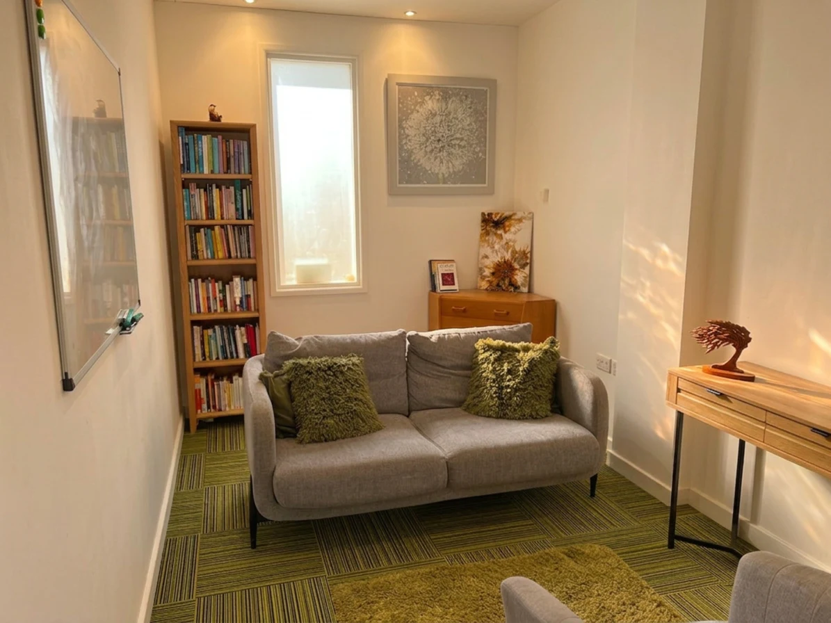 Restored barn therapy room with an armchair, bookshelves and tall windows