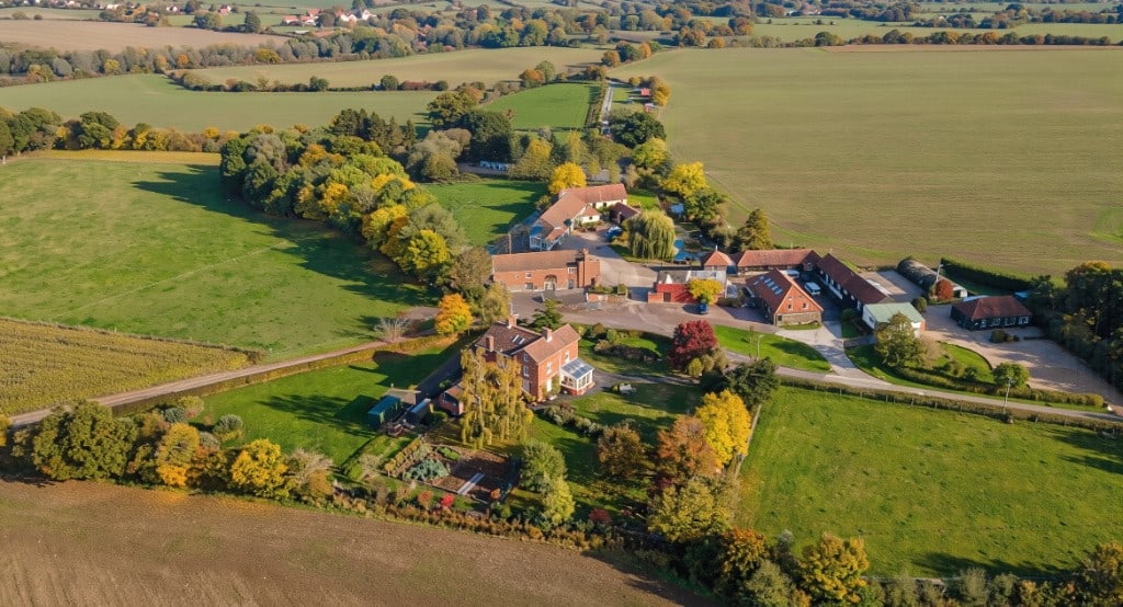 Aerial view of Essex Therapy Barn set among fields